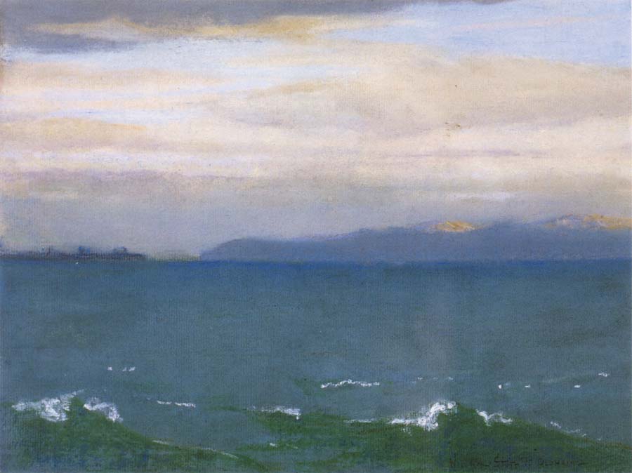 William Stott of Oldham Seascape with Distant Mountains